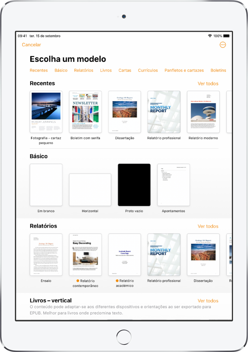 A lista de modelos com uma linha de categorias visível na parte superior, na qual é possível tocar para filtrar as opções. Por baixo estão visíveis miniaturas de modelos preconcebidos organizados em linhas por categoria, que começam por Recentes na parte superior e Básico e Relatórios posteriormente. Surge um botão “Ver tudo” por cima e à direita de cada linha da categoria. O botão “Idioma e região” no canto superior direito.