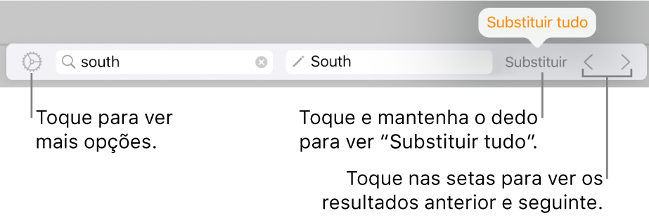 Controlos para procurar e substituir texto.