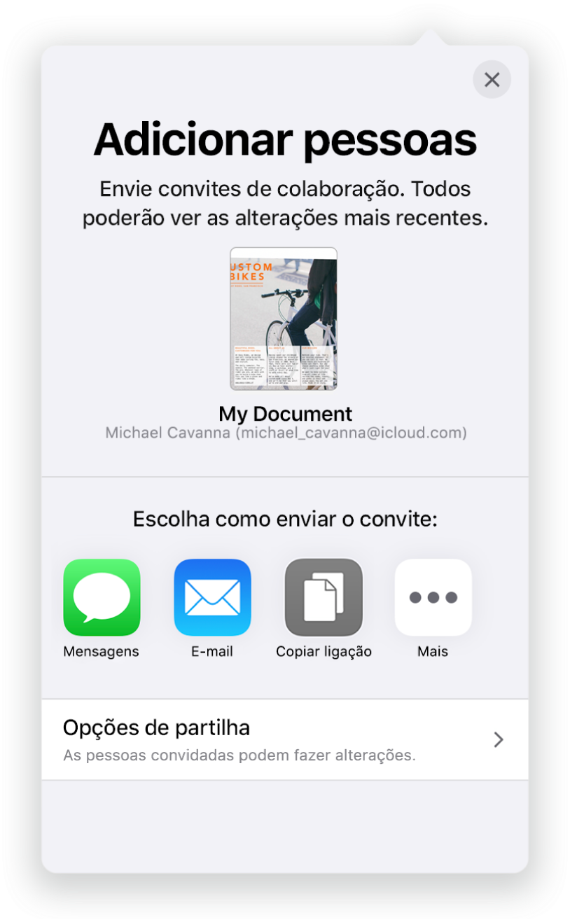 O ecrã “Adicionar pessoas” a mostrar uma imagem do documento a ser partilhado. Por baixo encontram botões para formas de enviar o convite, incluindo Mail, “Copiar hiperligação” e Mais. Na parte inferior encontra-se o botão “Opções de partilha”.