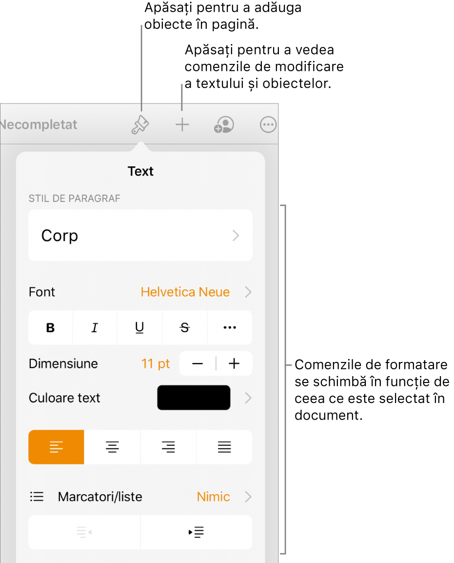 Comenzile Format deschise și afișând comenzile pentru schimbarea stilului de paragraf, modificarea fonturilor și formatarea spațierii fonturilor. Explicațiile din partea de sus indică butonul Format din bara de instrumente, iar în partea dreaptă a acestuia, butonul Inserați pentru a adăuga obiecte pe pagină.