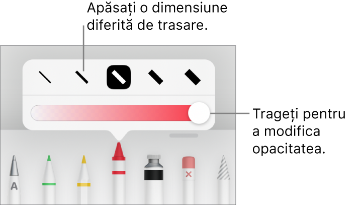 Comenzile pentru alegerea unei dimensiuni de trasare și un glisor pentru ajustarea opacității.