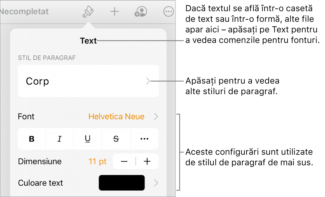 Meniul Format afișând comenzi de text pentru configurarea stilurilor, fonturilor, dimensiunii și culorii paragrafelor și caracterelor.