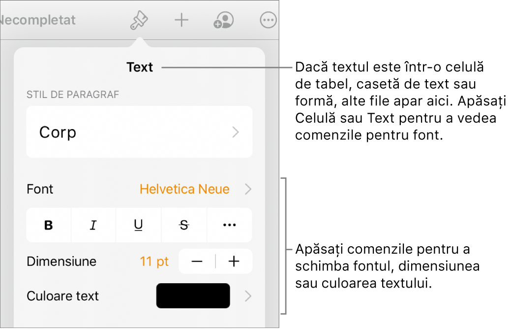 Comenzi text din meniul Format pentru configurarea paragrafelor și a stilurilor, fonturilor, dimensiunii și culorii caracterelor.