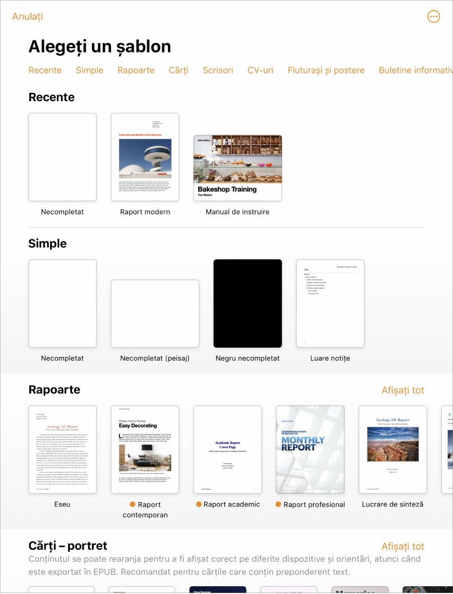 Selectorul de șabloane afișând un rând de categorii de-a lungul părții de sus, pe care puteți apăsa pentru a filtra opțiunile. Mai jos sunt miniaturile șabloanelor predefinite aranjate pe rânduri după categorie, începând cu Recente în partea de sus și urmate de Simple și de Rapoarte. Un buton Afișează tot apare deasupra și în dreapta rândului fiecărei categorii. Butonul Limbă și regiune este în colțul din dreapta sus.