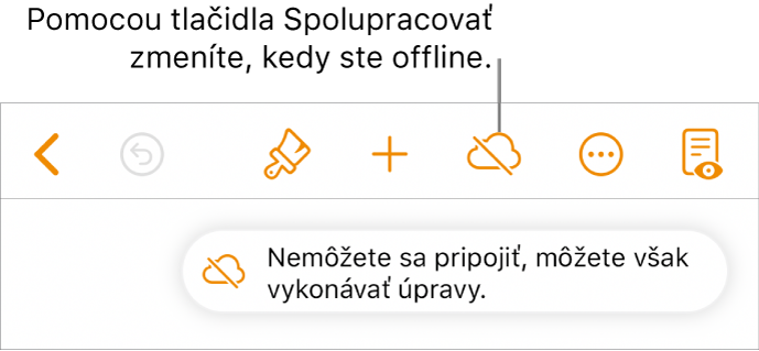 Tlačidlá v hornej časti obrazovky s tlačidlom Spolupracovať, ktoré sa zmení na obláčik preškrtnutý diagonálnou čiarou. Upozornenie na obrazovke s oznámením „Ste offline, ale naďalej môžete upravovať“.
