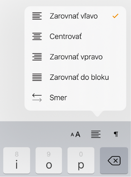 Formátovacia lišta s ovládacími prvkami odsadenia textu a zarovnania odsekov.