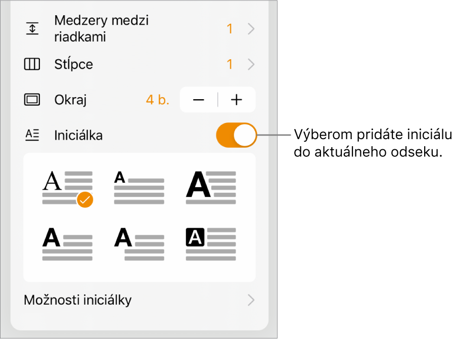Ovládacie prvky Iniciálka v spodnej časti menu Text.
