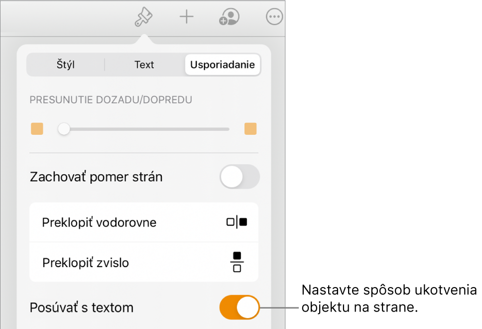 Ovládacie prvky Formát s označenou záložkou Usporiadať a ovládacími prvkami Presunutie dozadu/dopredu, Posúvať s textom a Obtekanie textu.