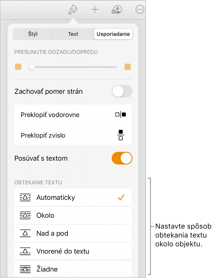 Ovládacie prvky Formát s označenou záložkou Usporiadať. Pod tým sú ovládacie prvky Obtekanie textu s možnosťami Presunutie dozadu/dopredu, Posúvať s textom a Obtekanie textu.
