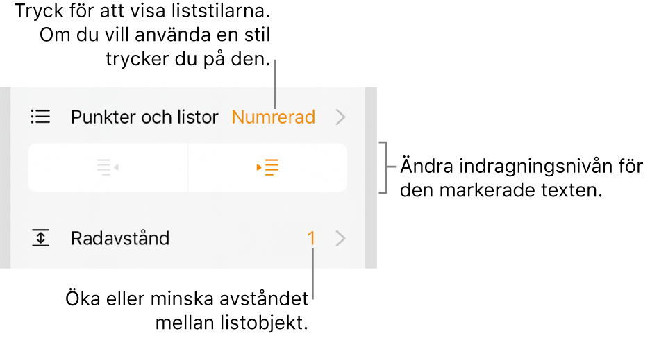 Formatreglagen med linjer som pekar på menyn Punkter och listor, indragsknappar och reglage för radavstånd.
