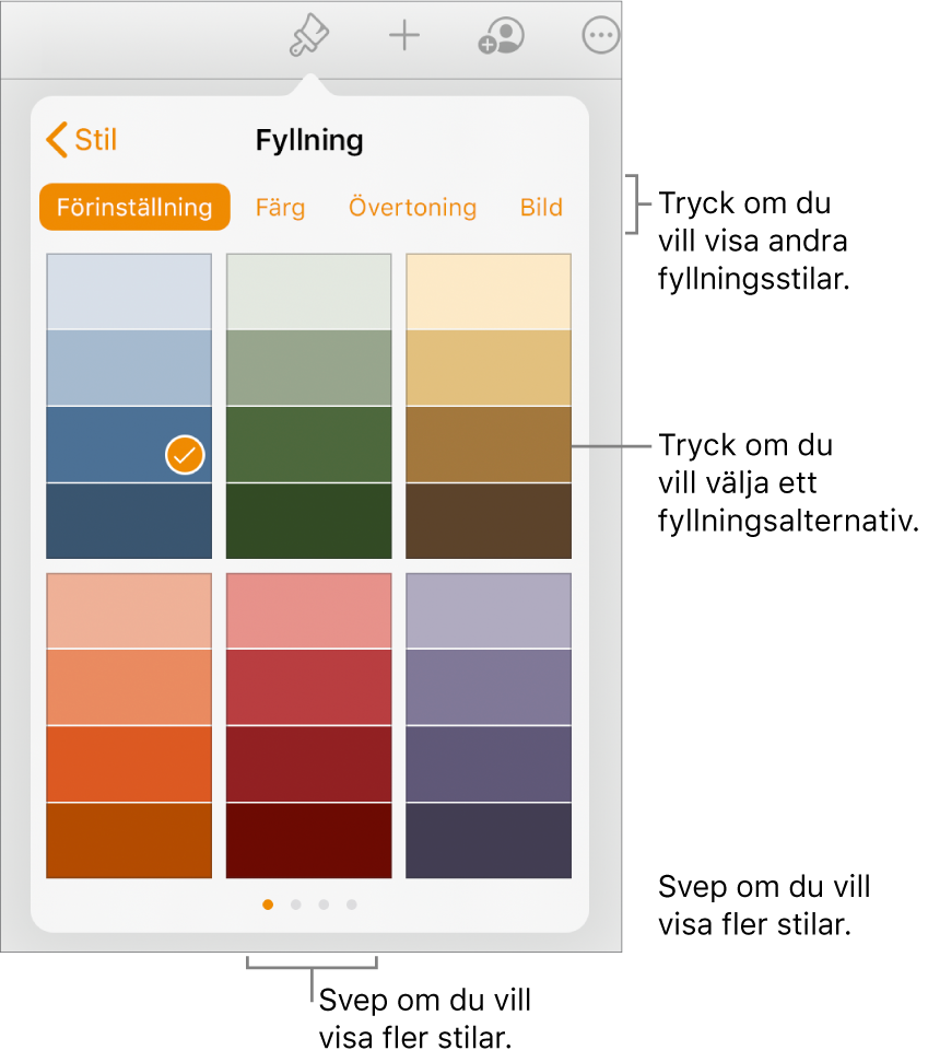 Fyllningsalternativ på fliken Stil för formatknappen.