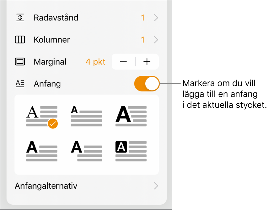 Anfangreglagen längst ned i menyn Text.