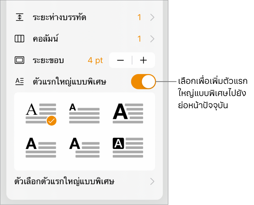 ตัวควบคุมตัวแรกใหญ่แบบพิเศษที่อยู่ด้านล่างสุดของเมนูข้อความ