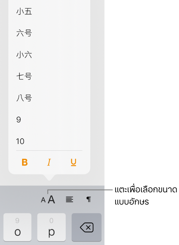 ปุ่มขนาดแบบอักษรด้านขวาของแป้นพิมพ์ iPad โดยมีเมนูขนาดแบบอักษรเปิดอยู่ ขนาดแบบอักษรตามมาตรฐานของรัฐบาลจีนแผ่นดินใหญ่จะแสดงที่ด้านบนสุดของเมนูโดยมีขนาดจุดอยู่ด้านล่าง