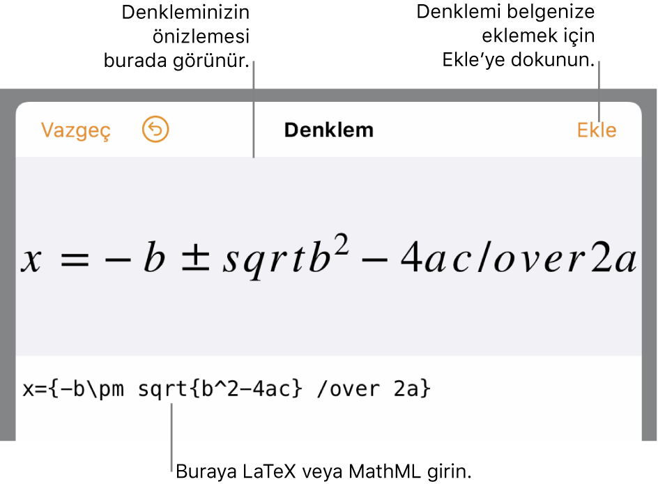 LaTeX komutları kullanılarak yazılmış ikinci dereceden bir formülü ve onun üstünde formülün önizlemesini gösteren denklem düzenleme sorgu kutusu.