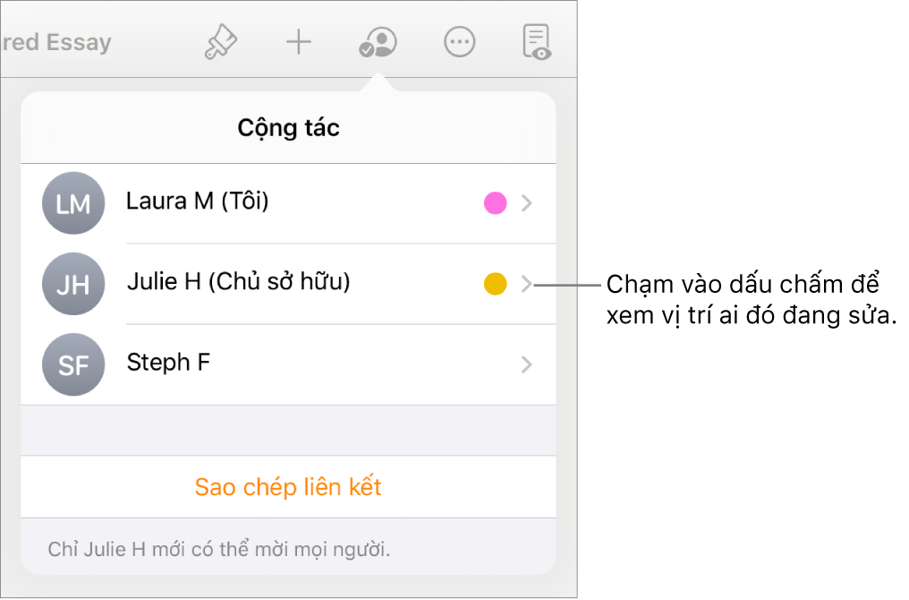 Danh sách người tham gia với ba người tham gia và một dấu chấm màu khác nhau ở bên phải của từng tên.