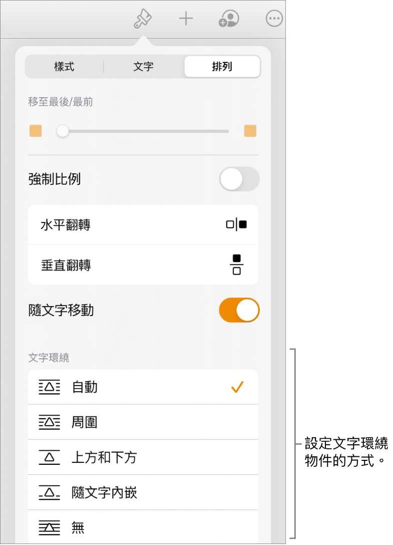 已選取「排列」標籤頁的「格式」控制項目。其下方為帶有「移至最後/最前」、「隨文字移動」和「文字環繞」的「文字環繞」控制項目。