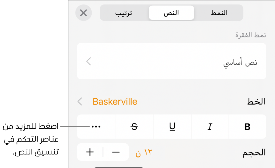 علامة تبويب النص في عناصر التحكم في التنسيق، مع وسيلة شرح لزر المزيد من خيارات النص.