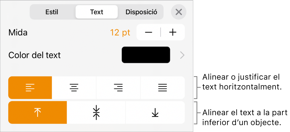 La secció Disposició, amb llegendes per als botons d’alineació i d’espaiat del text.