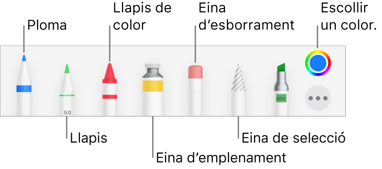 La barra d’eines de dibuix, amb una ploma, un llapis, un llapis de colors, l’eina d’emplenament, l’eina d’esborrament, l’eina de selecció i la paleta de colors que mostra el color actual.