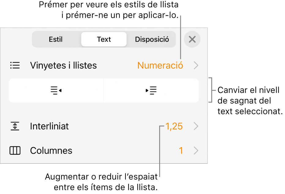 Els controls de format, amb referències al menú “Vinyetes/llistes”, botons de sagnat i controls de l’interlineat.