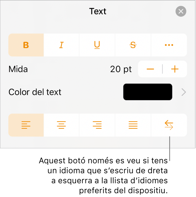 Controls de text del menú Format amb una llegenda per al botó “De dreta a esquerra”.