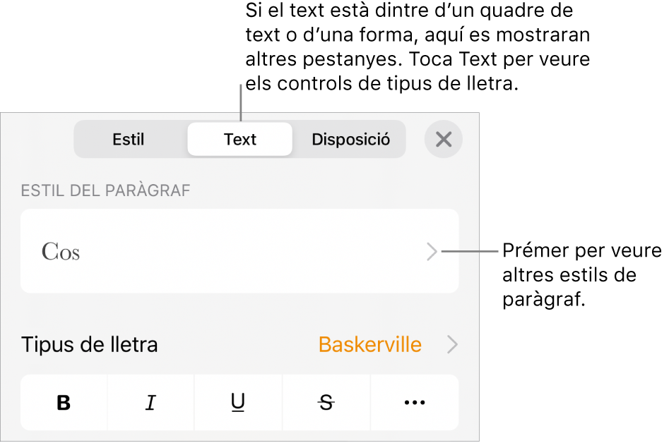 El menú Format amb els controls de text per definir els estils de paràgraf i de caràcter, el tipus de lletra, la mida i el color.