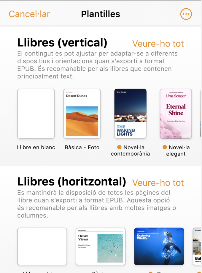 El selector de plantilles amb les plantilles de llibres horitzontals a la part superior i les verticals a la inferior.