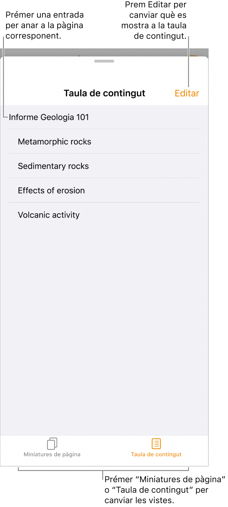 La vista de taula de contingut amb capçaleres en una llista. El botó Editar a l’angle superior dret i els botons “Miniatures de pàgina” i “Taula de contingut” a la part inferior.