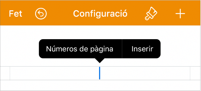 La finestra “Configuració del document” amb el punt d’inserció en un camp de capçalera i un menú desplegable amb dos ítems de menú: Les opcions “Números de pàgina” i Inserir.