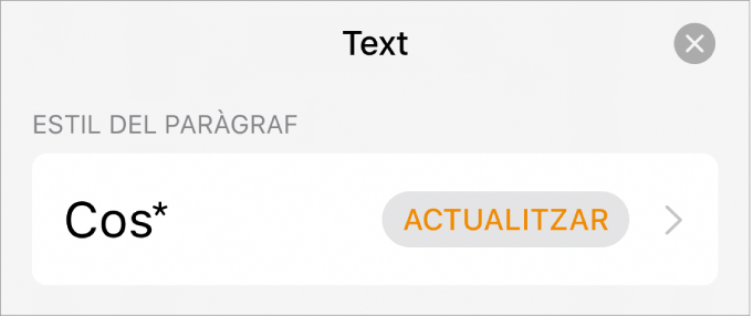 Un estil de paràgraf amb un asterisc al costat i un botó Actualitzar a la dreta.