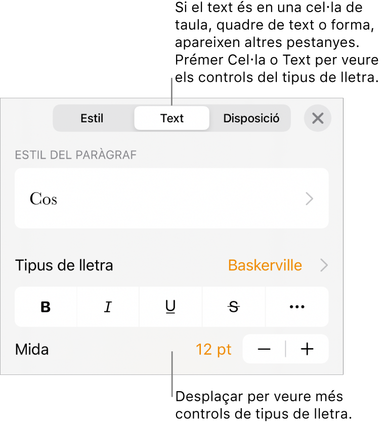 Controls de text al menú Format per definir els estils de paràgraf i de caràcter, el tipus de lletra, la mida i el color.