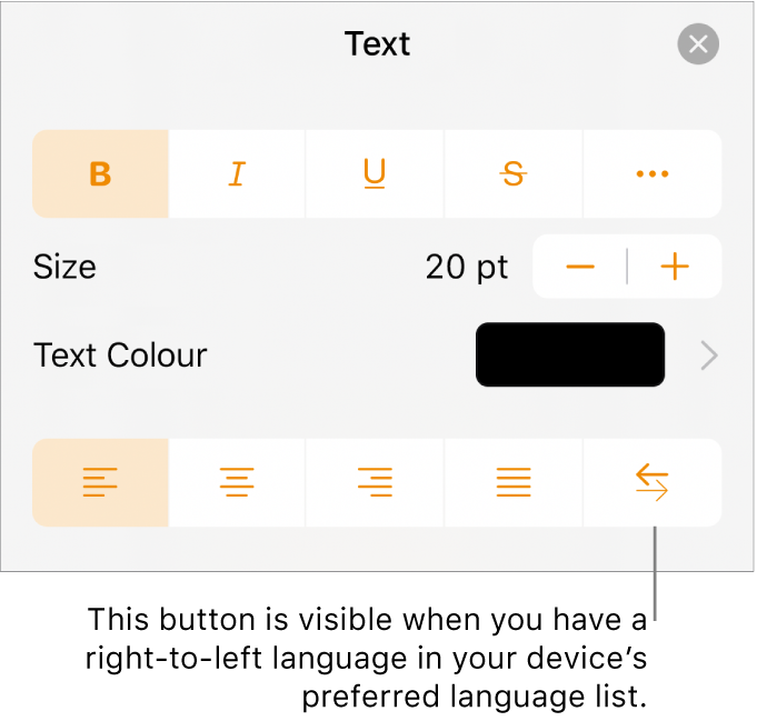 Text controls in the Format menu with a call-out pointing to the Right to Left button.