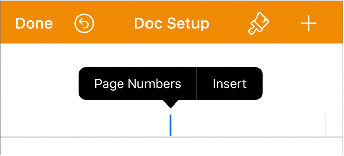 The Doc Se-tup window with the insertion point in a header field and a pop-up menu with two menu items: Page Numbers and Insert.
