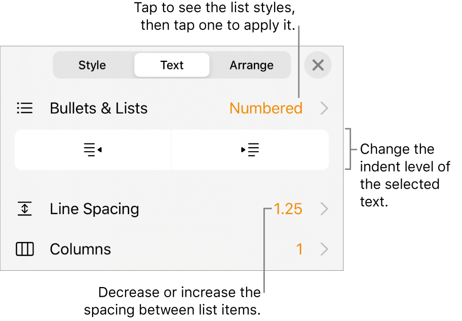 The Format controls with callouts to the Bullets & Lists menu, indent buttons and line spacing controls.