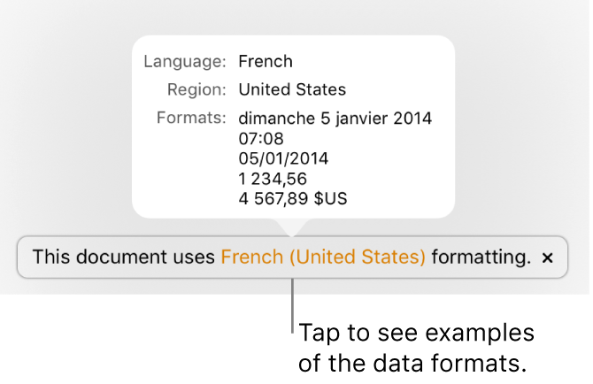 The notification of the different language and region setting, showing examples of the formatting in that language and region.