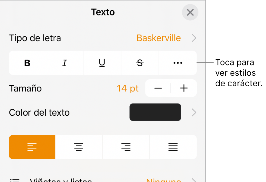 Los controles de formato con los botones Negrita, Cursiva, Subrayado, Tachado y “Más opciones de texto”.