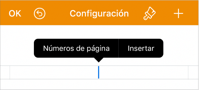 La ventana Configuración con el punto de inserción en un campo de cabecera y un menú desplegable con dos ítems de menú: “Números de página” e Insertar.