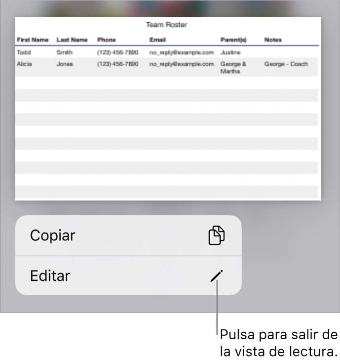 Hay seleccionada una tabla y debajo de ella aparece un menú contextual con botones Copiar y Editar.