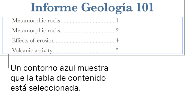 Una tabla de contenido insertada en un documento. Las entradas muestran los encabezamientos junto con sus números de página.