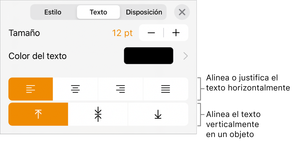 El panel Alineación con llamadas a los botones de alineación de texto y espaciado.