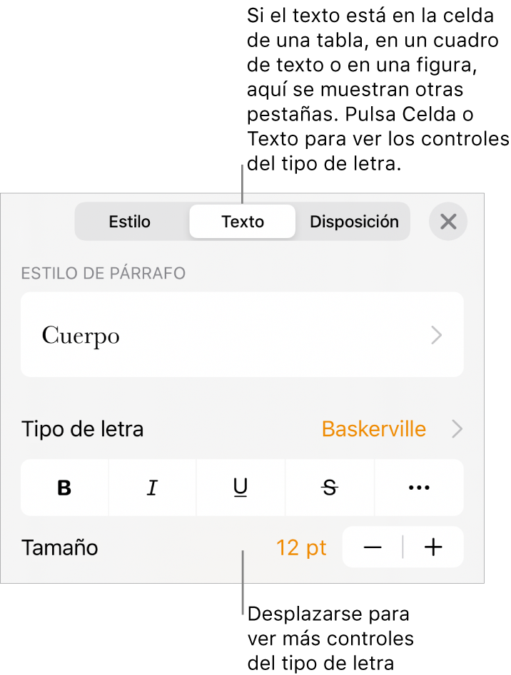 Controles de texto en el menú Formato para configurar los estilos de párrafo y carácter, tipo de letra, tamaño y color.