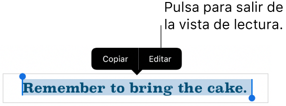 Hay seleccionada una oración y encima de ella aparece un menú contextual con botones Copiar y Editar.