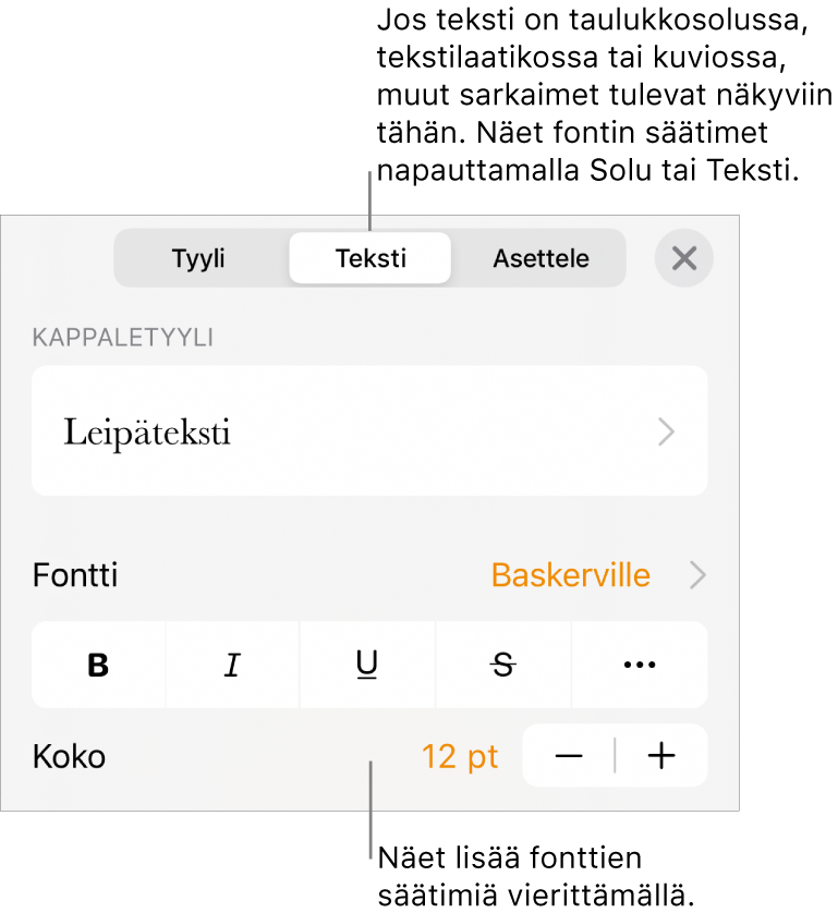 Muoto-valikon tekstisäätimet kappale- ja merkkityylien, fontin, koon ja värin valitsemista varten.