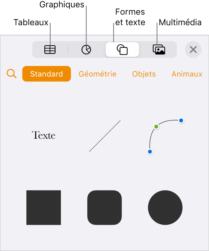 Commandes Insérer ouvertes avec boutons d’ajout de tableaux, graphiques, zones de texte, formes et contenu multimédia.