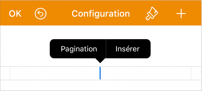 La fenêtre Mise en page avec le point d’insertion dans un champ d’en-tête et un menu contextuel avec deux éléments de menu : Pagination et Insertion