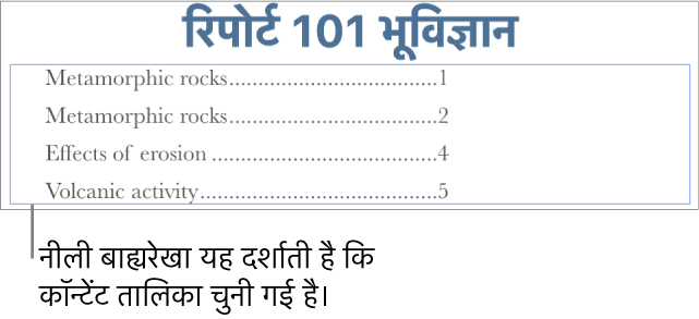दस्तावेज़ में कॉन्टेंट तालिका को डाला गया। एंट्रीयाँ अपनी पृष्ठ संख्याओं के साथ हेडिंग दिखाती हैं।