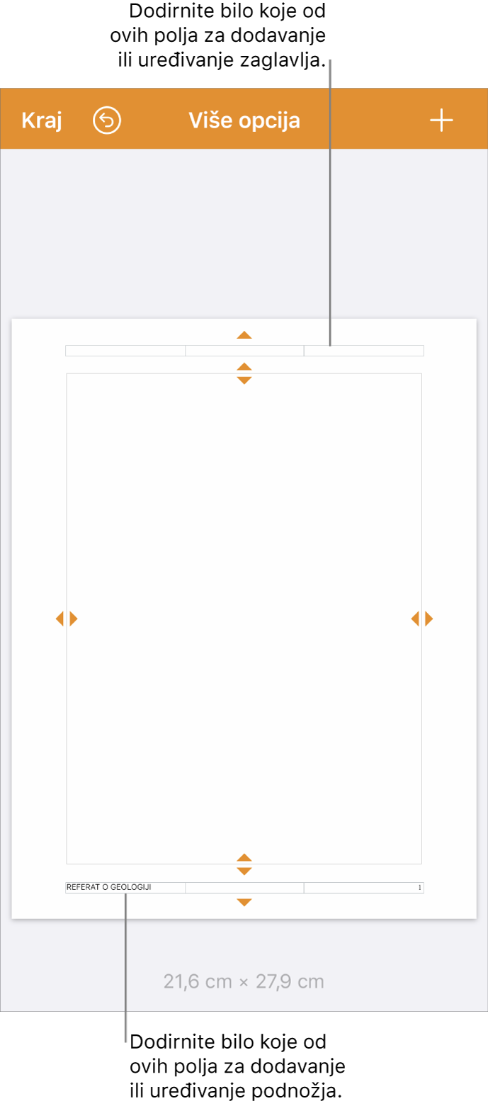 Prikaz Više opcija s tri polja pri vrhu dokumenta za zaglavlja i tri polja pri dnu za podnožja.