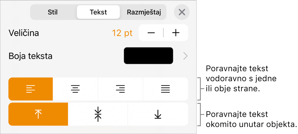 Prozor Raspored s balončićima za tipke za poravnanje teksta i razmak.