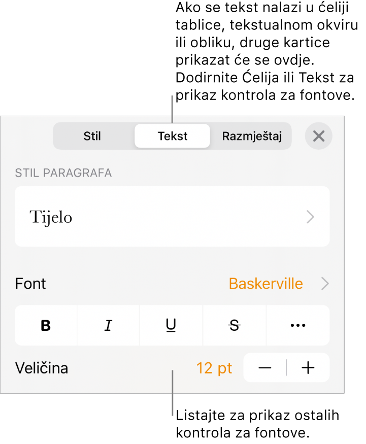 Kontrole teksta u izborniku Format za postavljanje paragrafa i stilova paragrafa, fonta, veličine i boje.